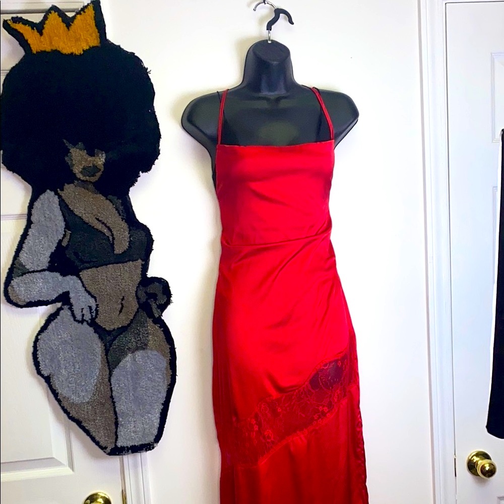 Red Satin Maxi | Chemise with Lace Trim & Adjustable Straps Cow Back
